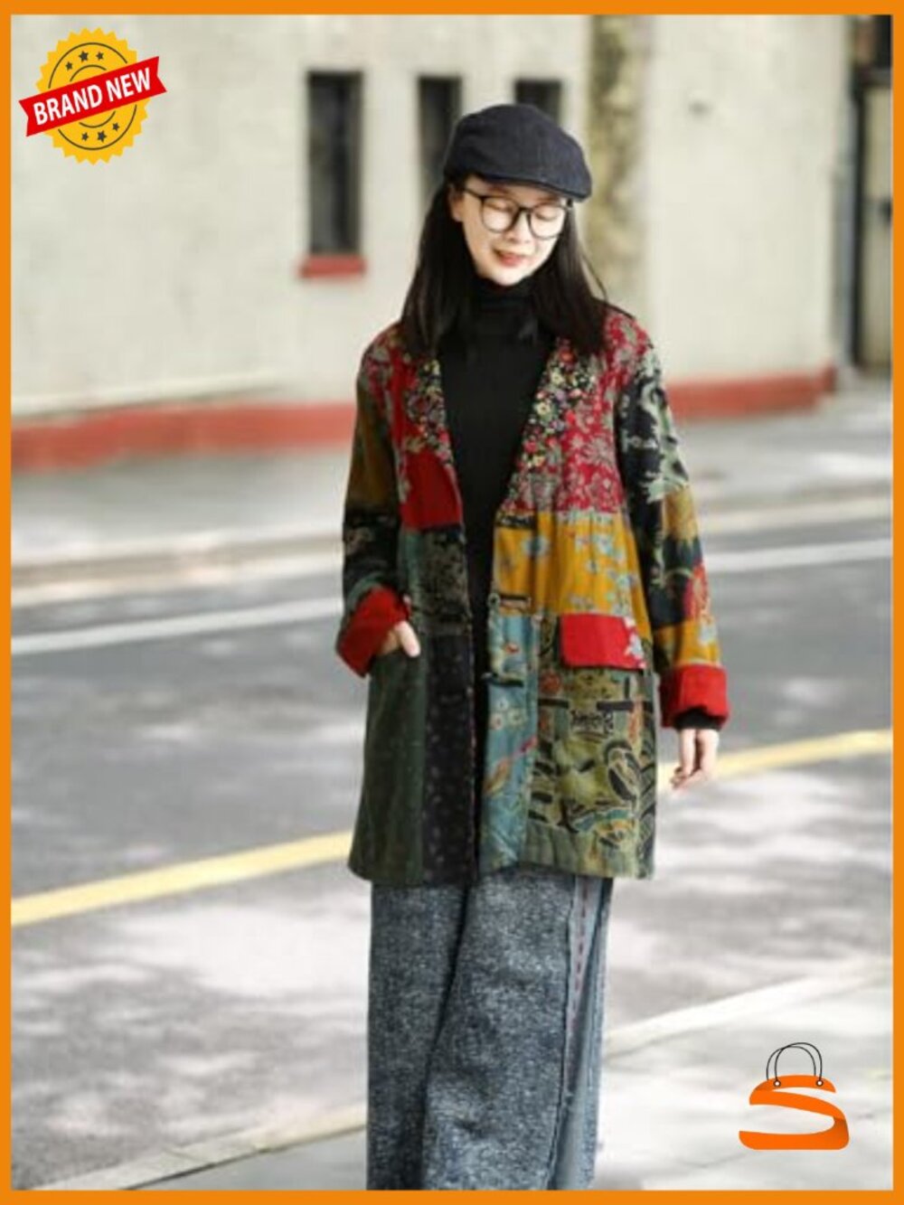 Patchwork Duster Coat, Handmade Frog Button Cotton Linen Bohemian Blazer - Picture 4 of 7